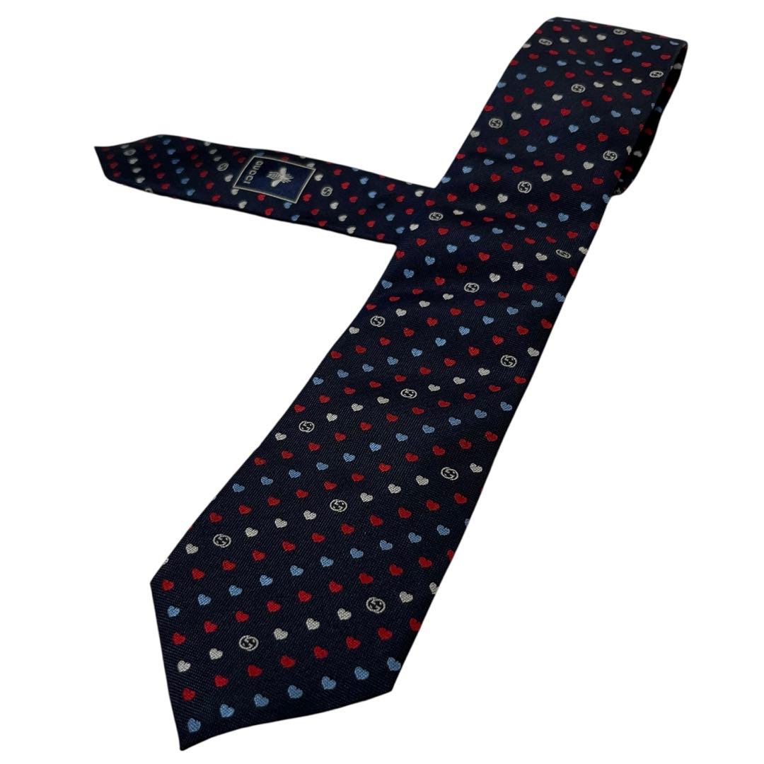 2906 美品 GUCCI ネクタイ ハート 小紋柄 ネイビー