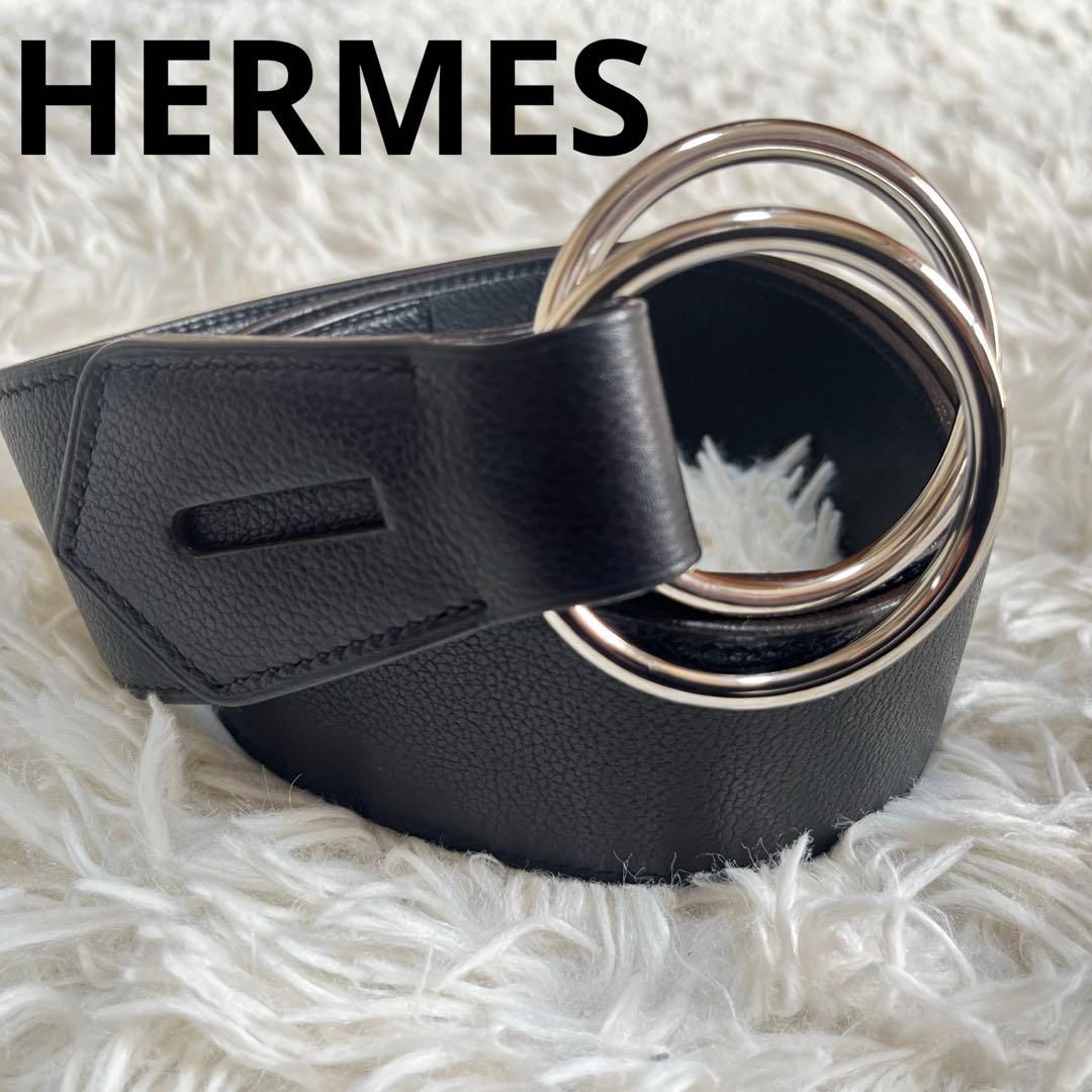 エルメス レザーベルト ダブルリング J刻印 ブラック×シルバーHERMES