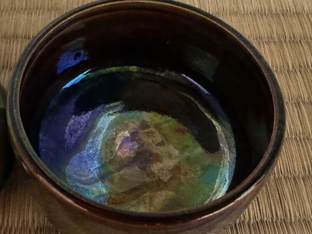 母のお茶道具の仲間たち　手作り玉蟲色丸型棗陶器製 ニュージーランド　径70x52