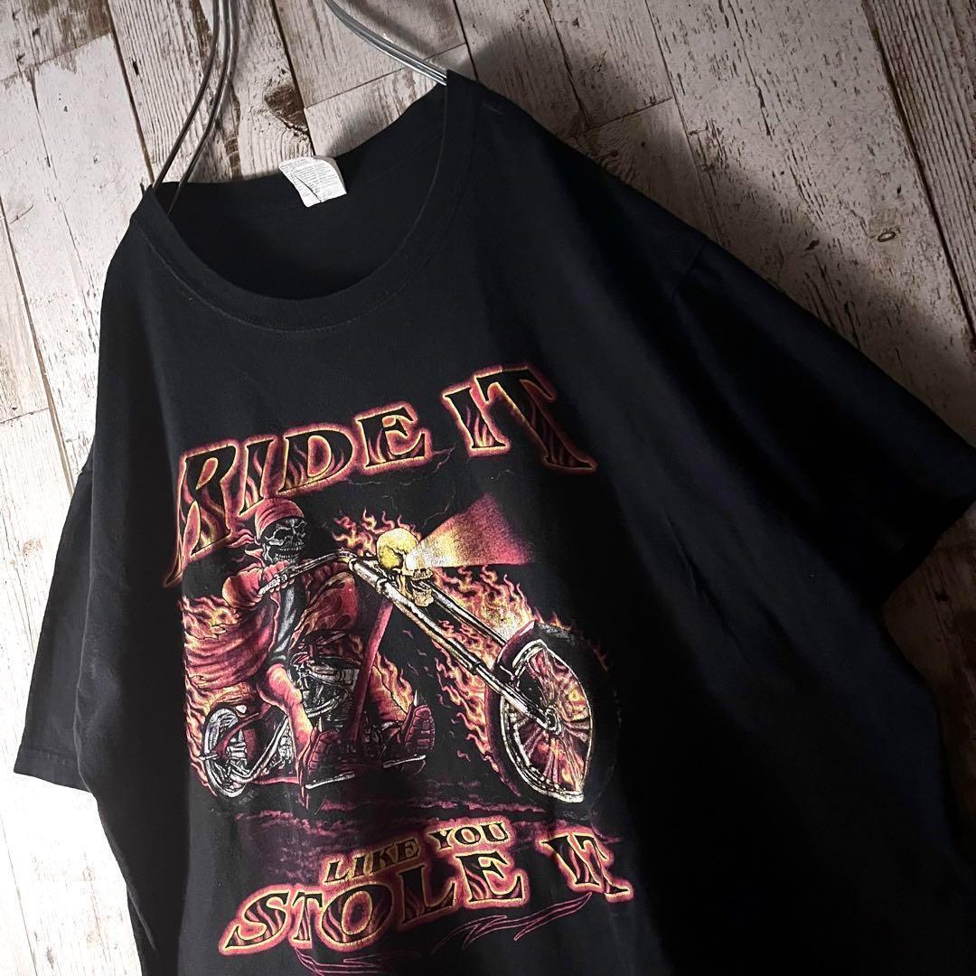 Vintage Tシャツ 半袖 スカル バイク 炎 ビッグプリント アメカジ