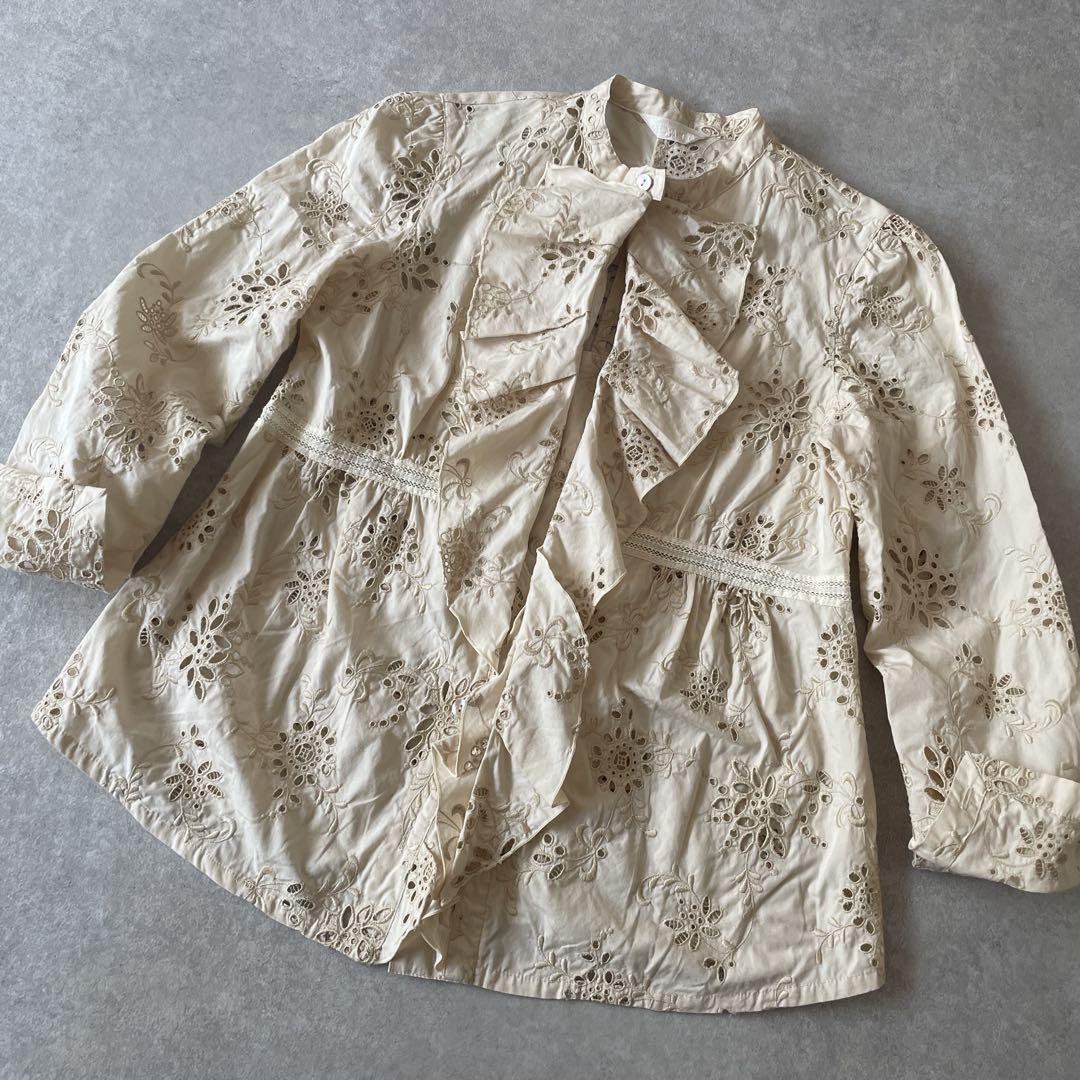 美品【レア】ミヤコ Miyaco 総レース刺繍ノーカラージャケット ブラウス
