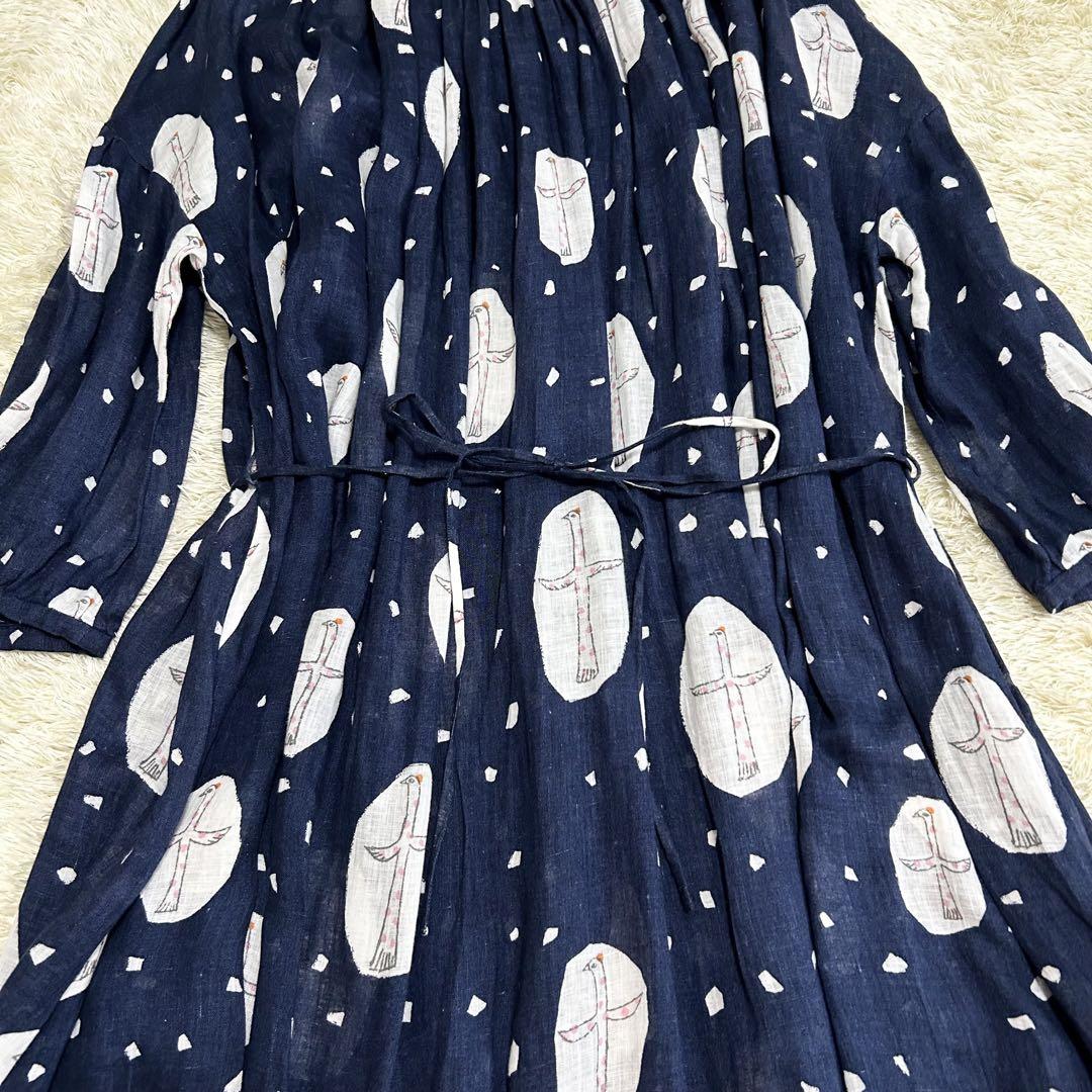【希少✨極美品】ミナペルホネン cross bird  ロングワンピース 麻 紺 希少✨極美品】ミナペルホネン cross bird ロングワンピース 麻 紺