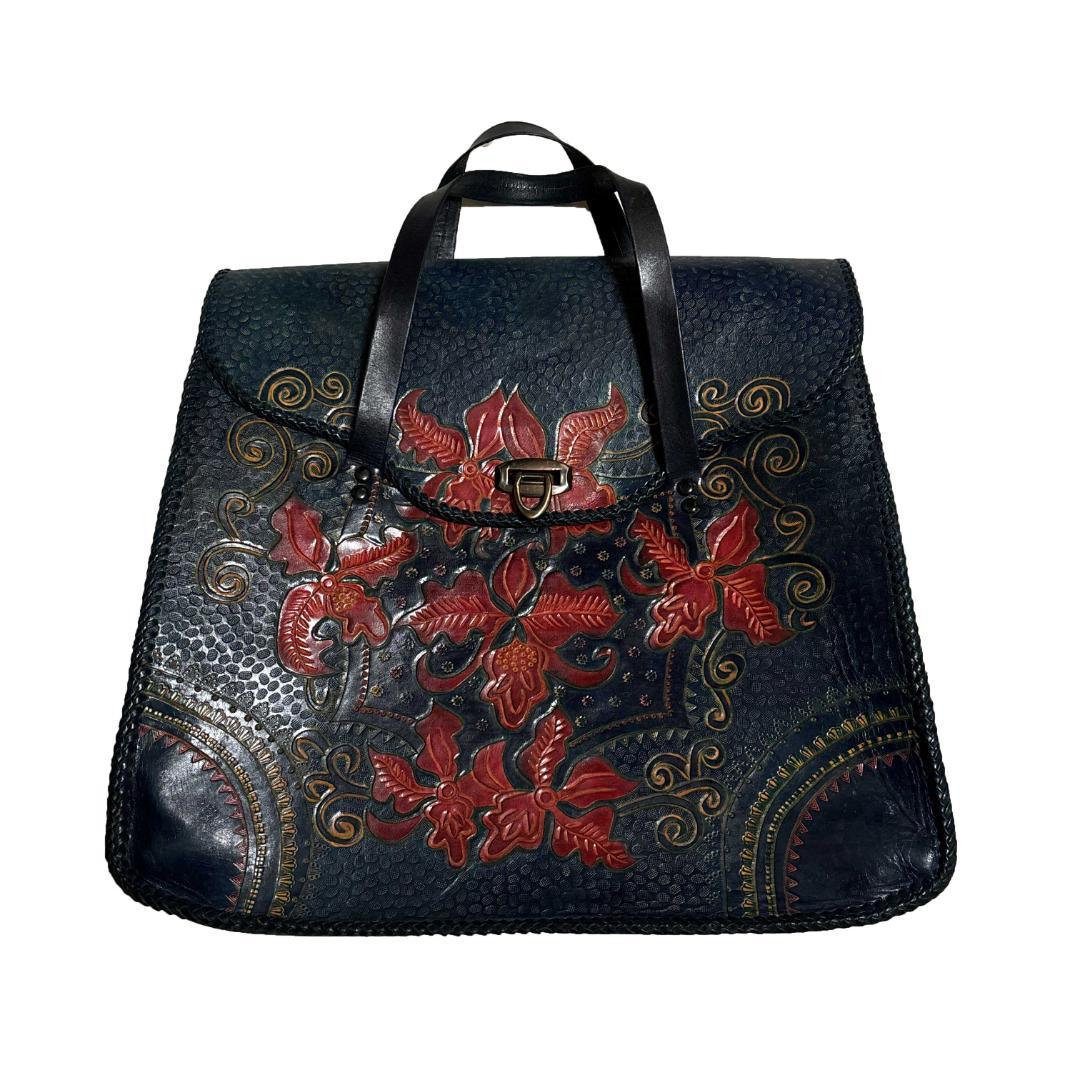 カービングバッグ レザー 型押し 花柄 青みのある黒 古着 ハンドバッグVINTAGE