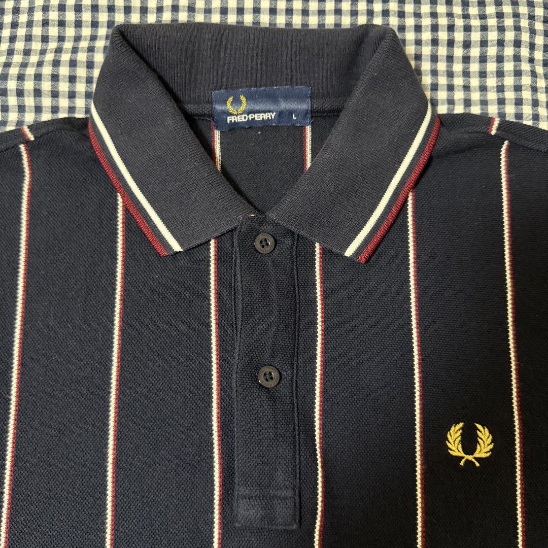 FRED PERRY ポロシャツ L 紺 ストライプ 綿100%