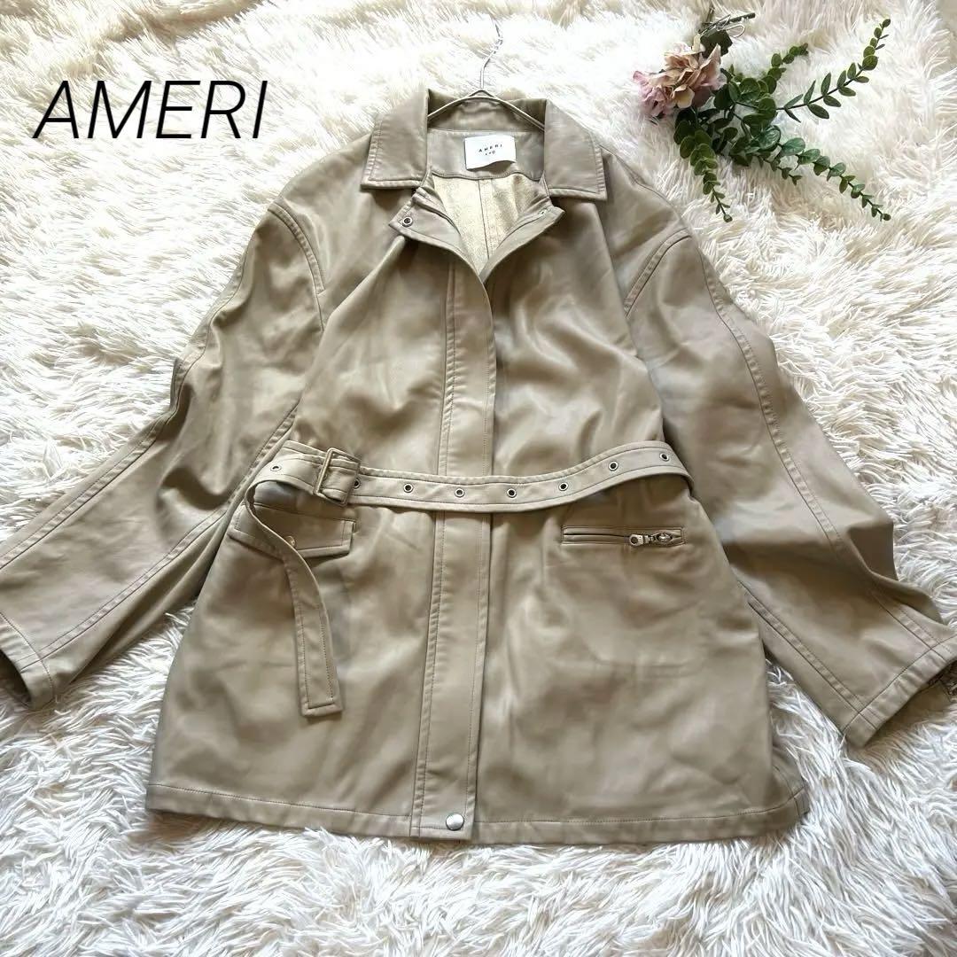 AMERI ベージュ フェイクレザージャケット 柔らか ベルと2way ミドルF