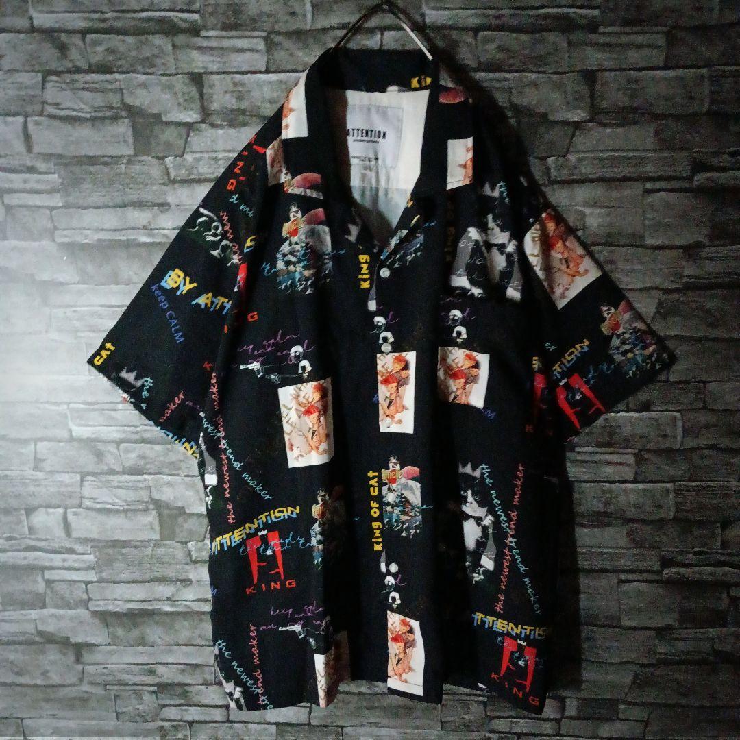韓流ファッション☆黒のオープンカラー半袖総柄ポリシャツ ムービー柄 ゆるダボ 5,700円