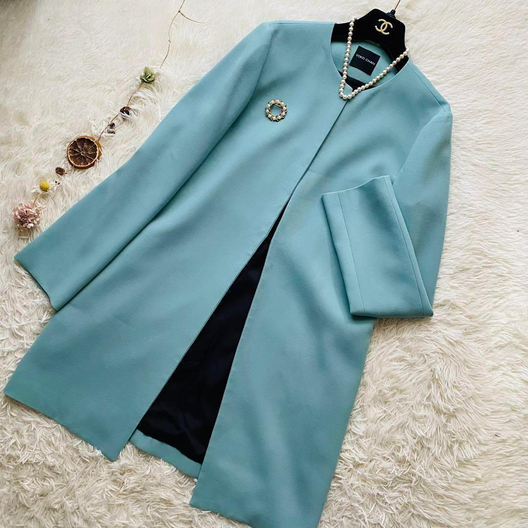 極美品●希少Lサイズ●ヨーコチャン きれいめ ミント ノーカラーコート 日本製