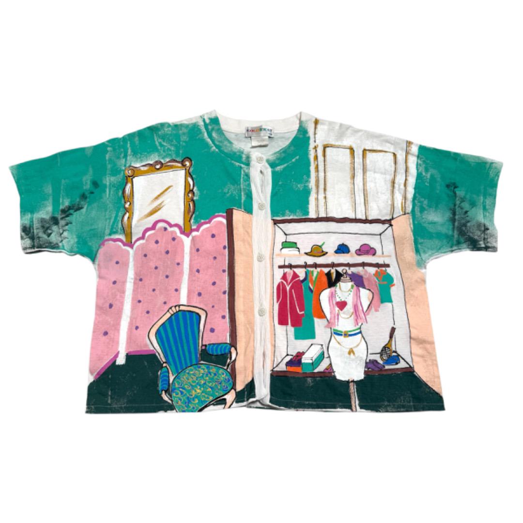 80s Used Art-Print Button T-Shirt 