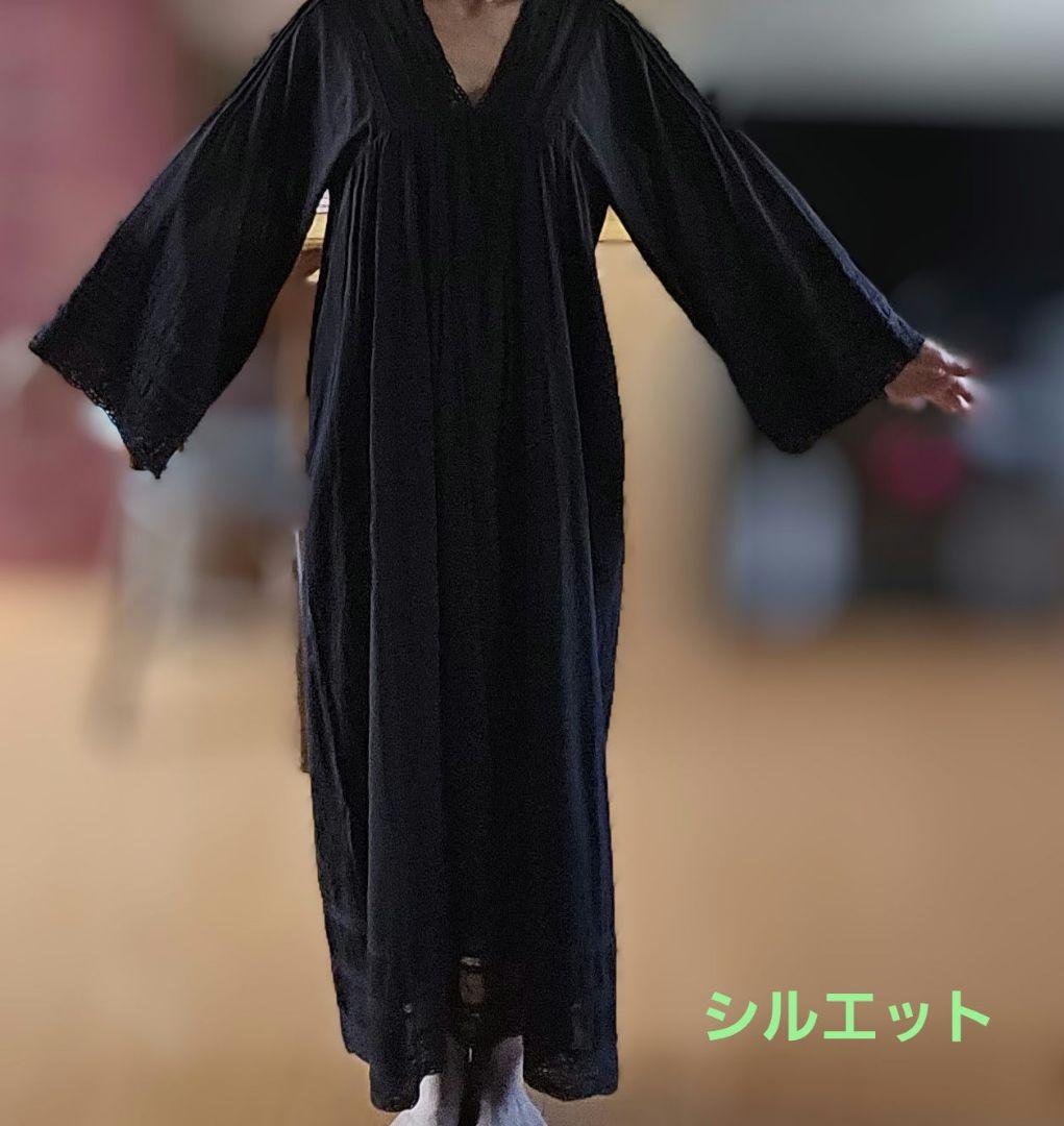awahi 黒いロングワンピース Vネック レース付き