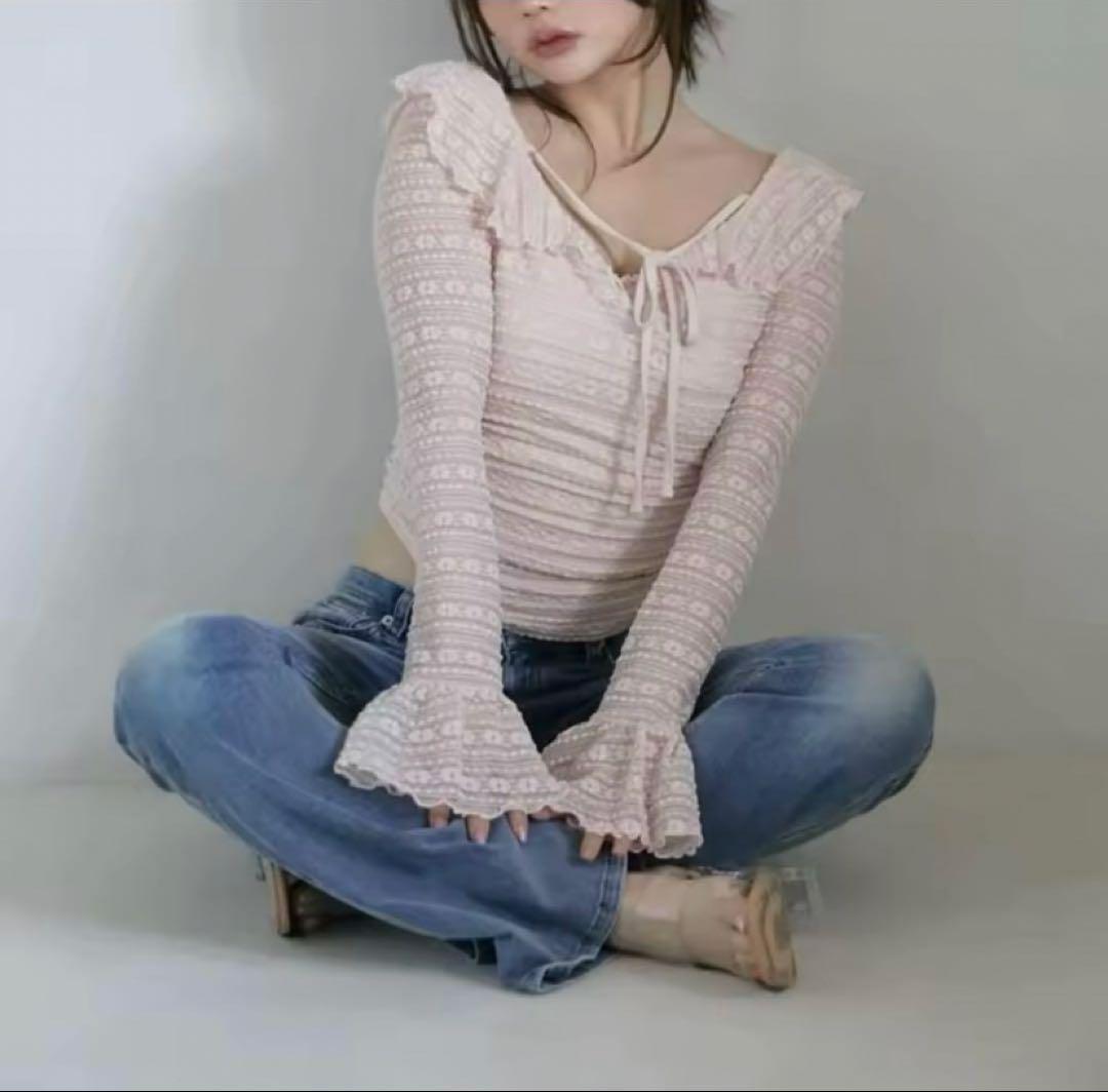 Andmary Frill lacy tops pink