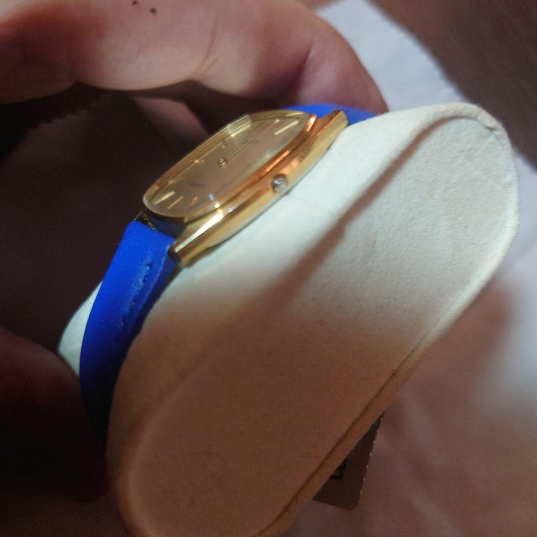 エルジン プッシュリュウズクォーツ青いレザー バンド アナログ時計
