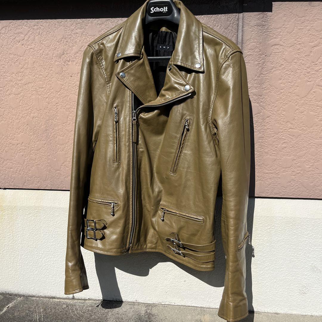 【ビッグサイズ44】kwy⭐︎レザーライダースジャケット 水牛革 オリーブ ダブル