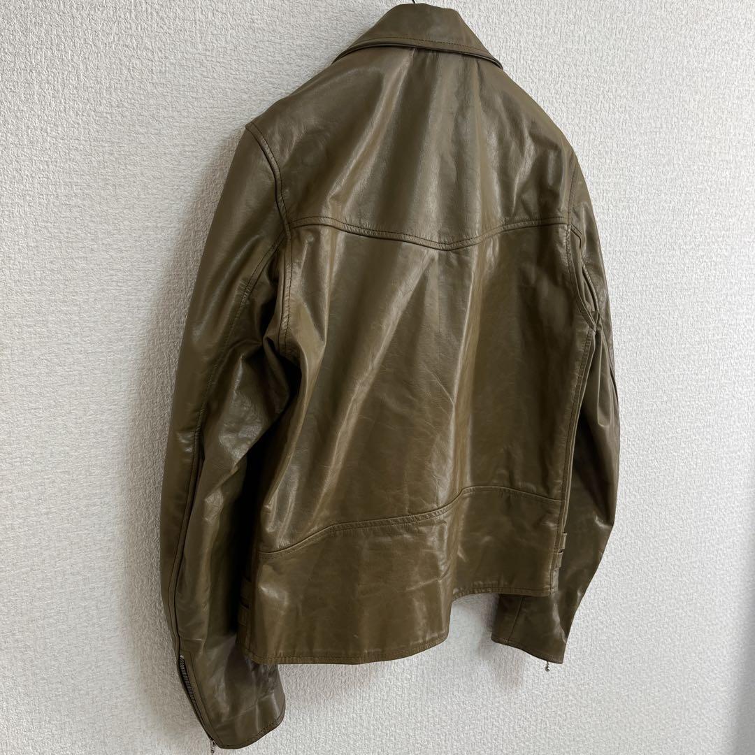 【ビッグサイズ44】kwy⭐︎レザーライダースジャケット 水牛革 オリーブ ダブル