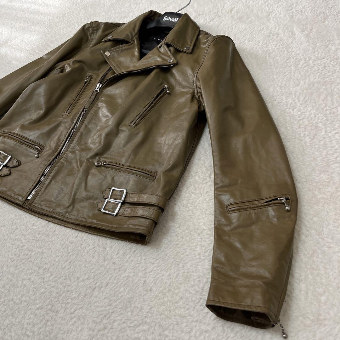 【ビッグサイズ44】kwy⭐︎レザーライダースジャケット 水牛革 オリーブ ダブル