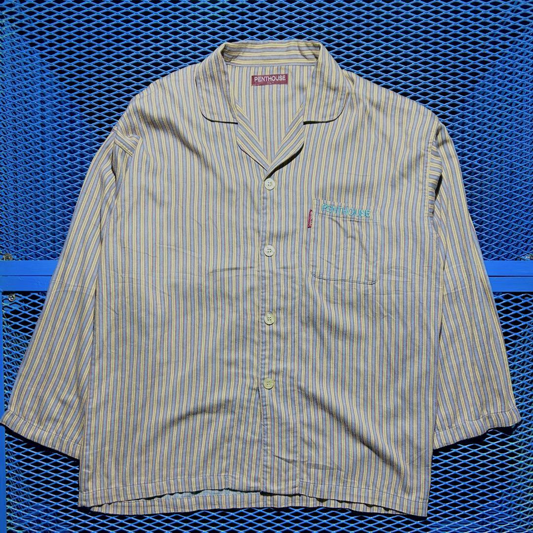 90s パジャマ シャツ コットン ストライプ ベージュ ビンテージ 男女兼用