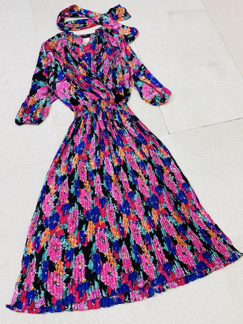 Diane Freis カシュクール プリーツ ウエストリボン ロングワンピース