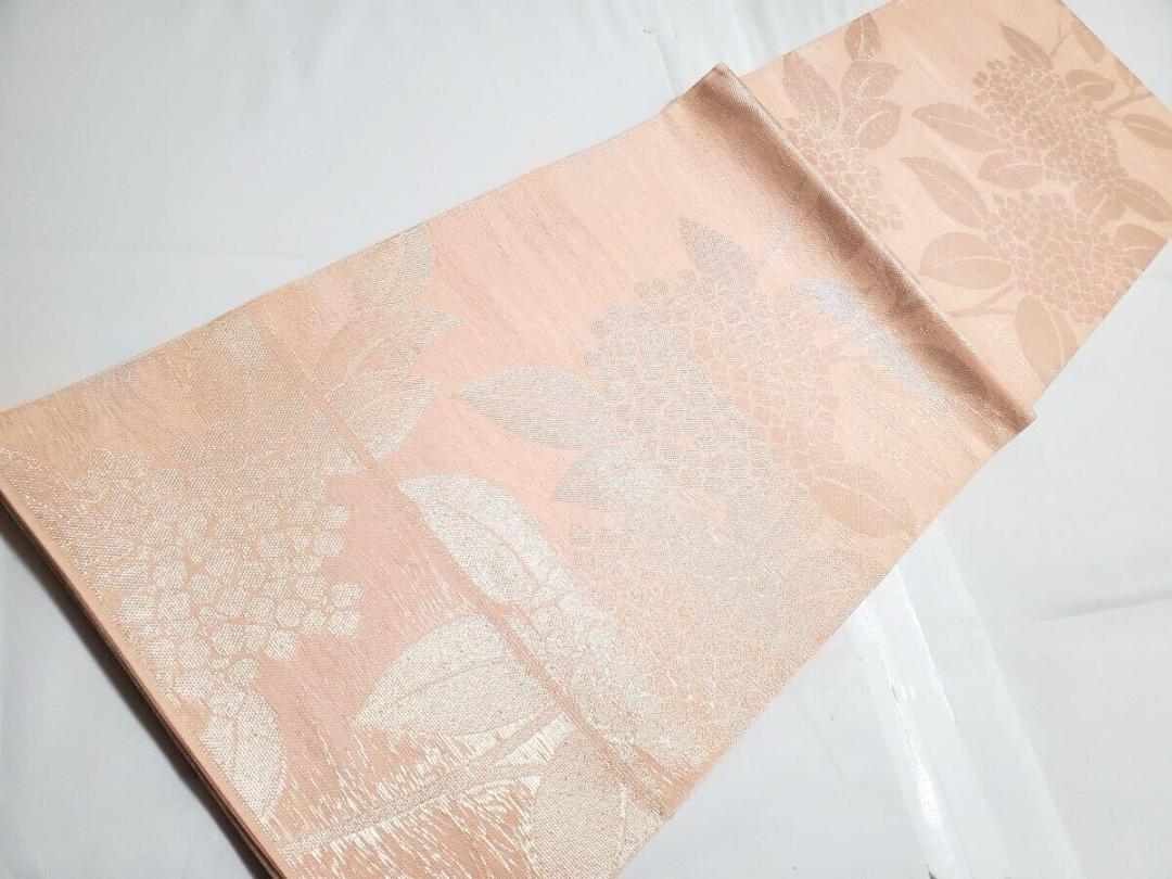 YB 夏物 紫陽花の花模様 薄ピンク 銀糸 全通 正絹 フォーマルな袋帯 YB 夏物 紫陽花の花模様 薄ピンク 銀糸 全通 正絹 フォーマルな