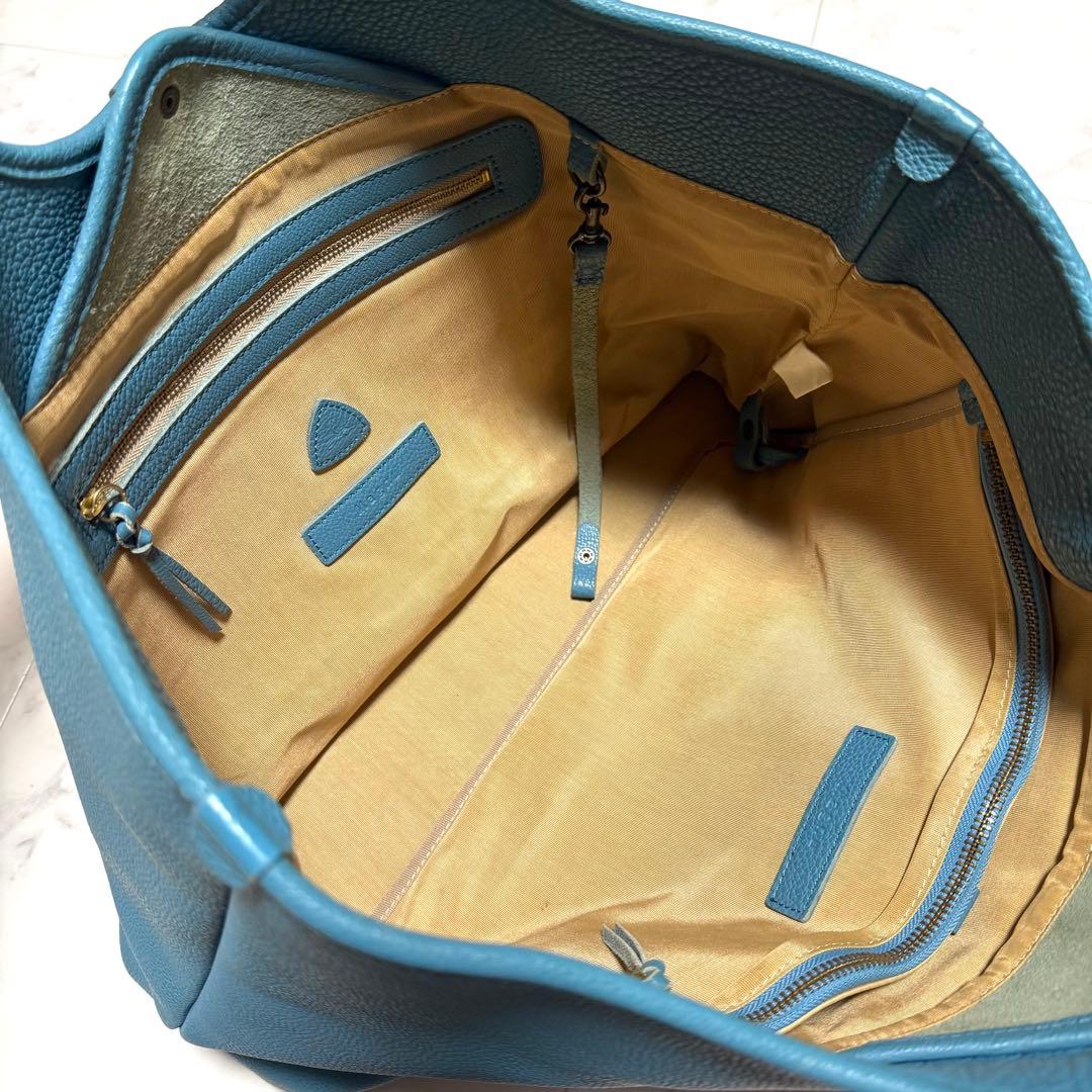 マヌー ハンドバッグ トートバッグ シボ革 型押し レザー ブルー 大容量