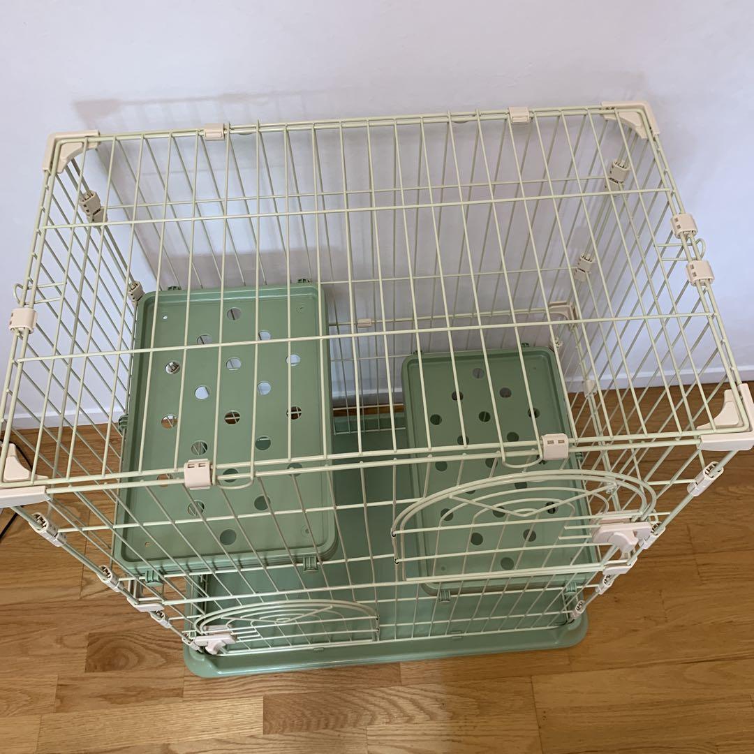 猫 ケージ キャットケージ 2段 キャットハウス 保護 脱走防止 【グリーン】