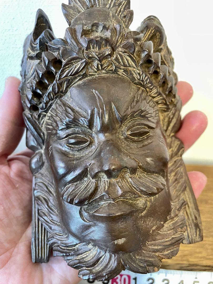希少・時代木彫】赤鬼面 鬼面 壁掛 彫刻面 魔除面 能面 神楽面