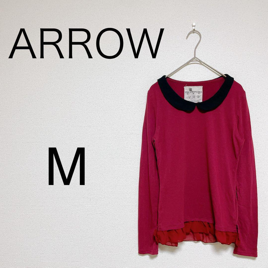 アロー レディース Tシャツ 丸襟 フリル 長袖 薄手 ワインレッド M