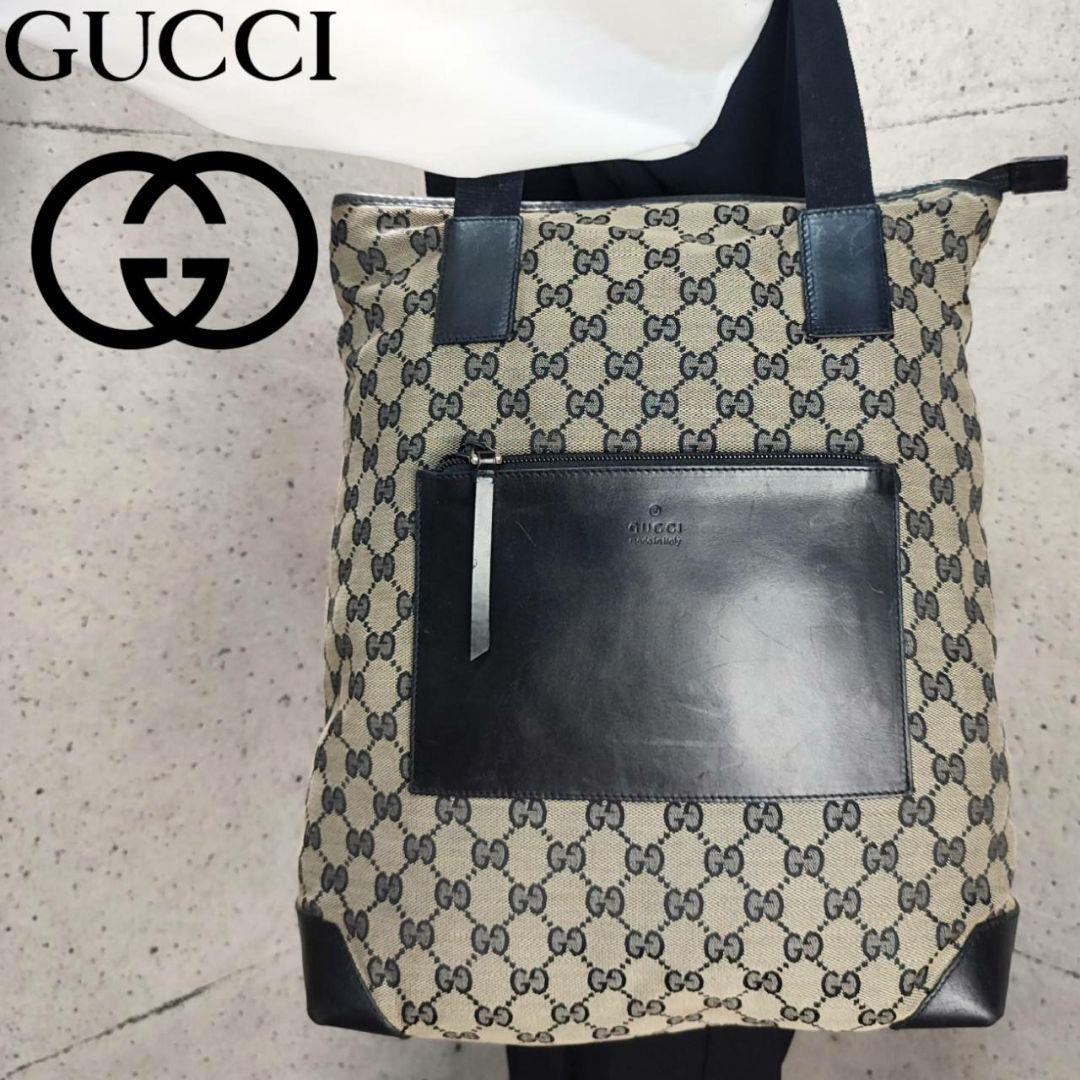 GUCCI トートバッグ ハンドバッグ キャンバス レザー GG柄 ネイビー