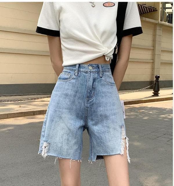 大きいサイズ　レディース　デニム　ショートパンツ　ハーフ　ダメージ