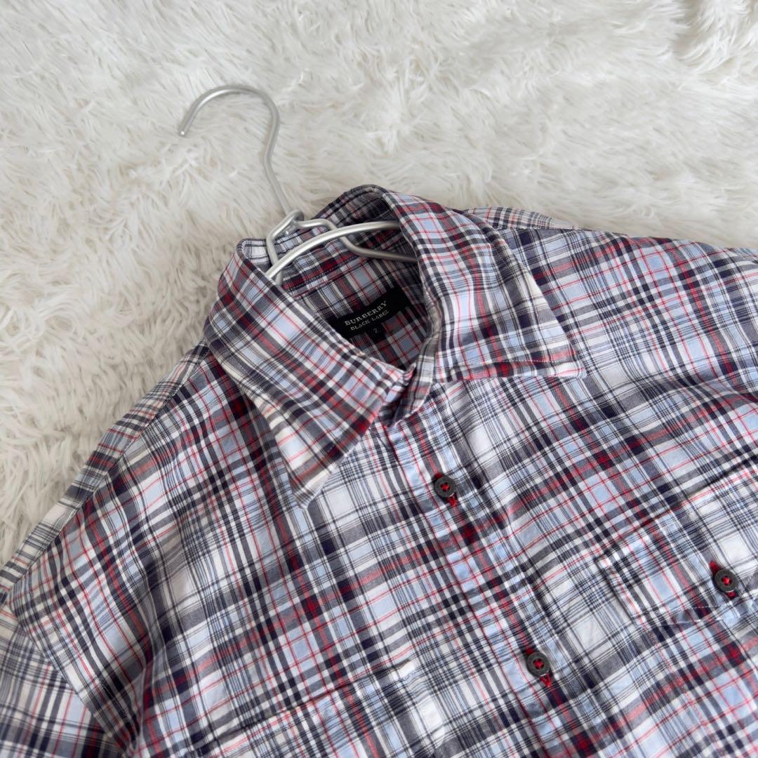 BURBERRY✨マドラスチェック　刺繍ロゴ　ロゴ刻印ボタン　襟ワイヤー入り