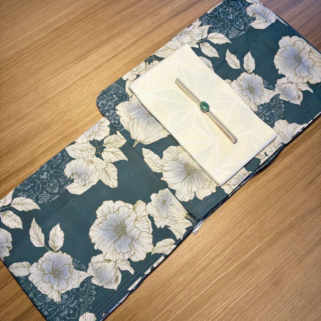 残り1点‼️深緑芍薬×丸紋 浴衣セット