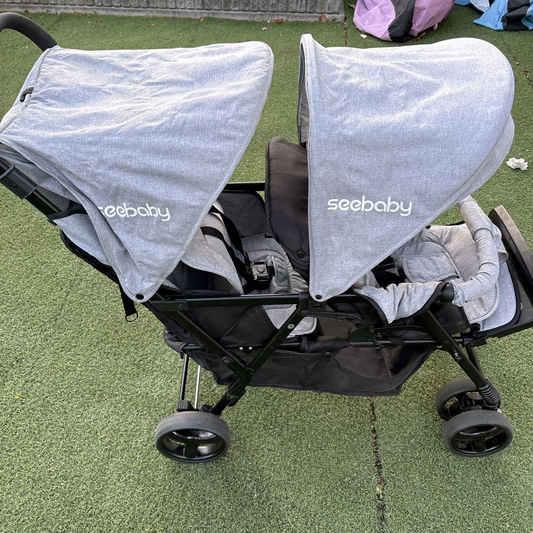 seebaby 2人乗りベビーカー　縦乗り レインカバー付