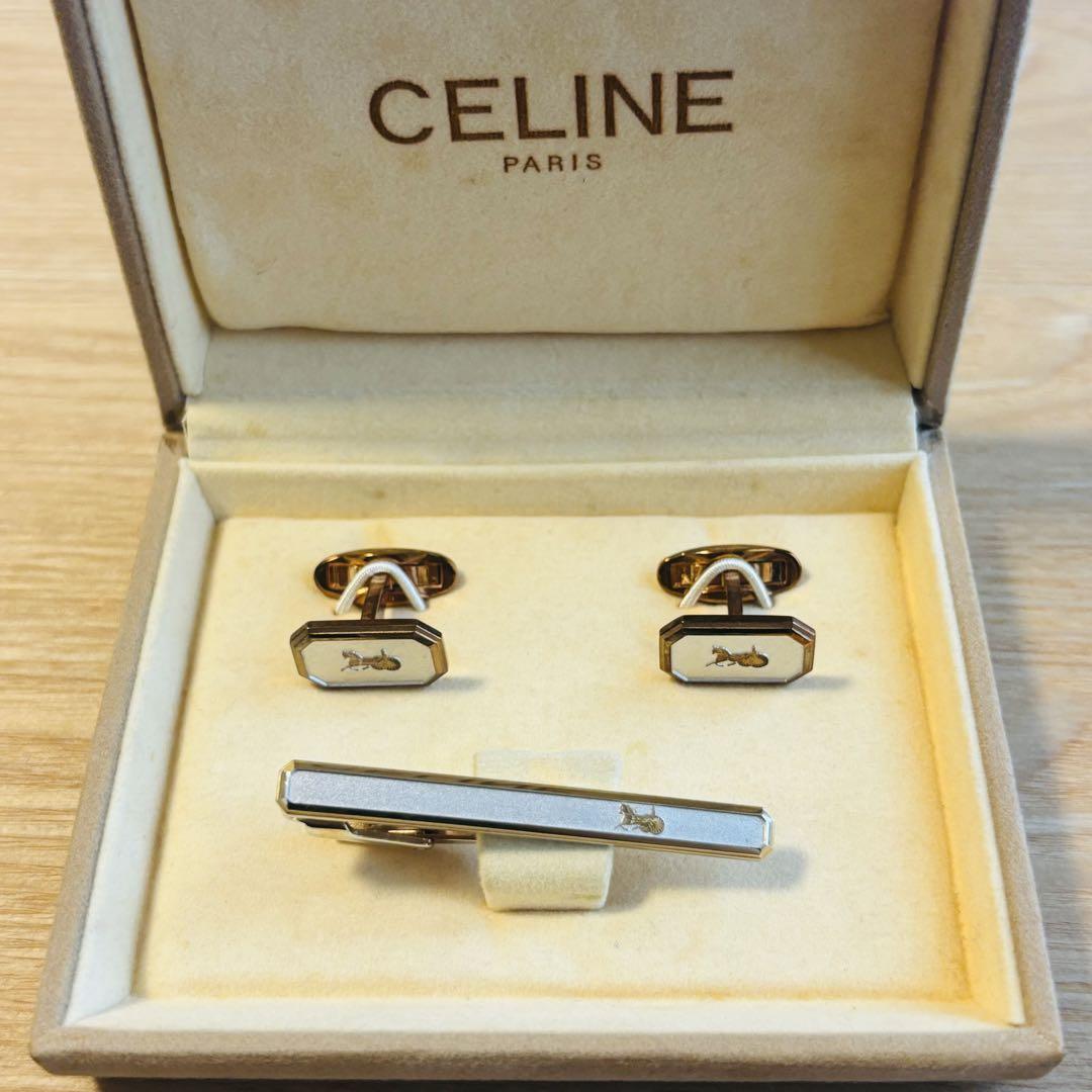 箱付】CELINE セリーヌ ネクタイピン カフス 馬車 シルバー