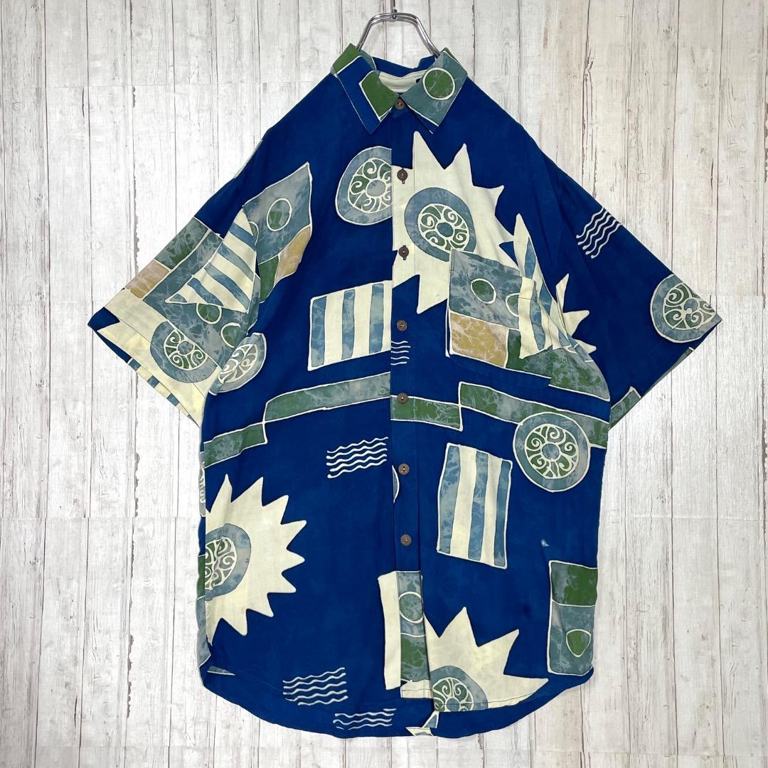 総柄 レーヨン ココナッツボタン ゆるダボ 半袖 シャツ XL 相当