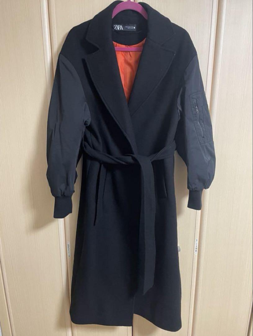 美品】ZARA マッチングボンバーロングコート ブラック オレンジ XS