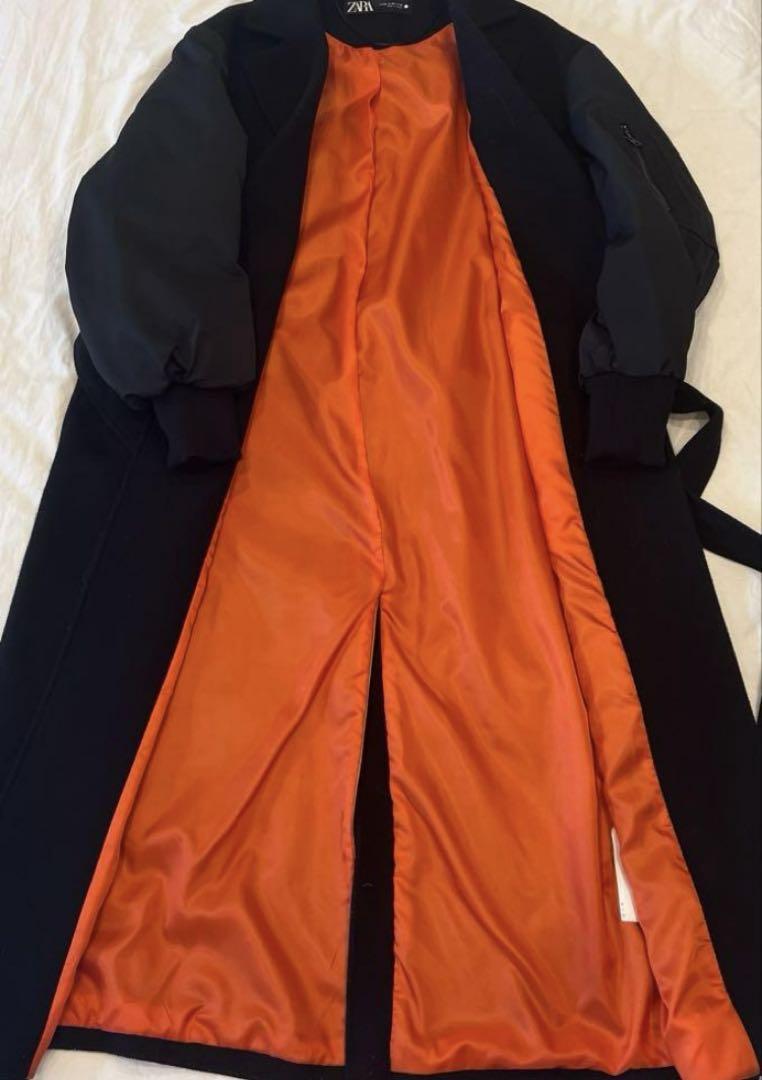 【美品】ZARA マッチングボンバーロングコート ブラック　オレンジ　XS