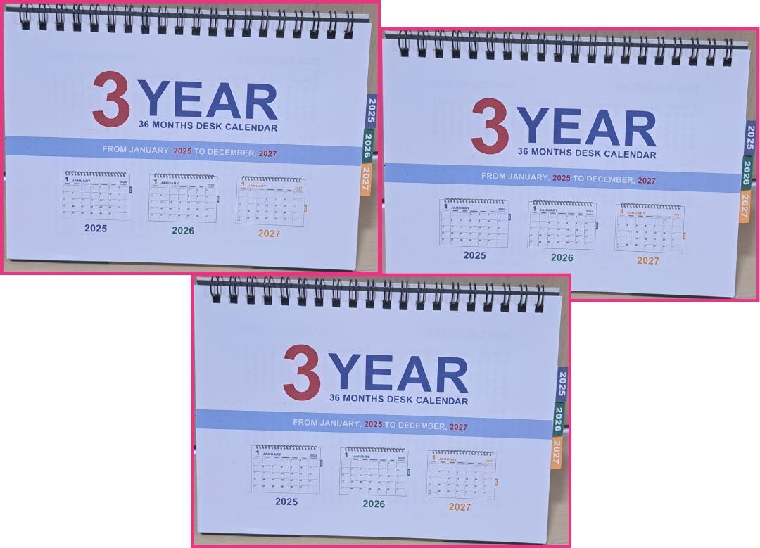 3冊 卓上 3年 使える カレンダー 2025 ～ 2027年 19x14cm