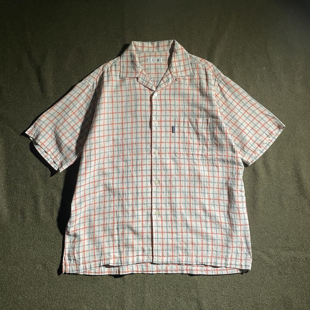 90s ELLE HOMME 開襟　チェック　ボックス　半袖シャツ　L