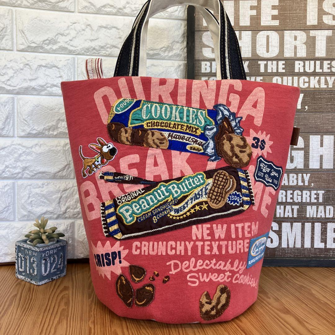 ハンドメイドバックデニムリメイクパッチワーク丸底バケツトートバックお菓子&わんこ