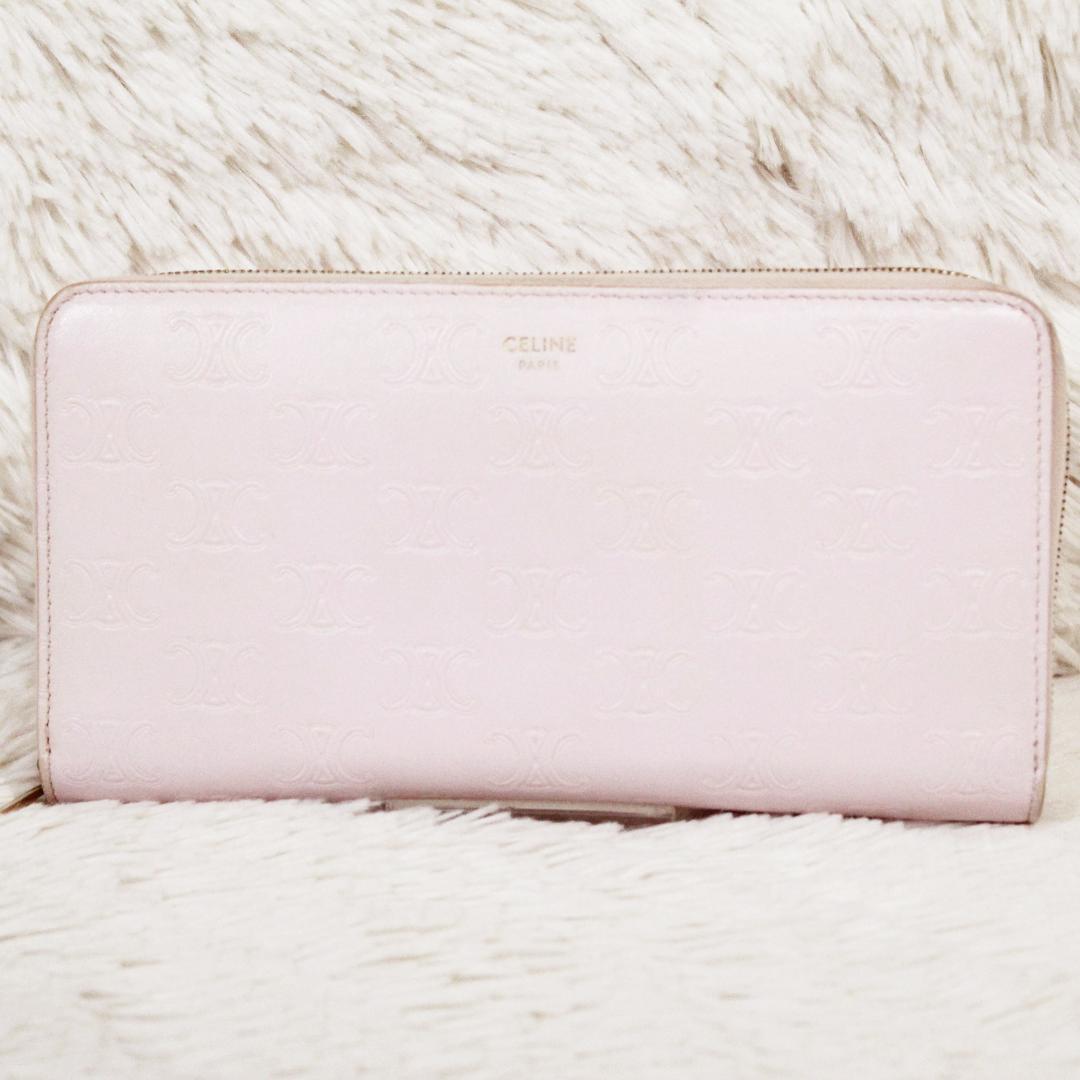 美品 CELINE セリーヌ 長財布 ラウンドジップ トリオンフ レザー ピンク