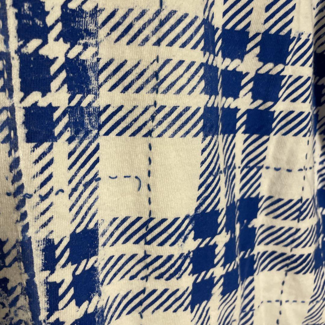 ケイスケカンダ 青と白のチェック柄七分袖Tシャツ
