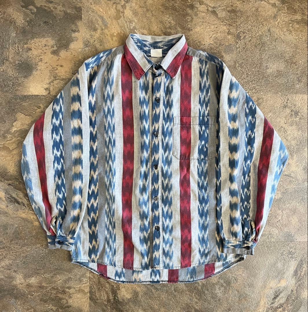 90s Aie パターン ネイティブ柄 星条旗 ボタンダウンシャツM VINTAGE