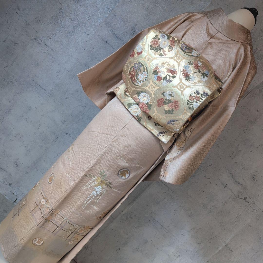 訪問着　フルセット　着物　正絹　ゴールドベージュ　藤の花　蝶　落款　金駒刺繍O5