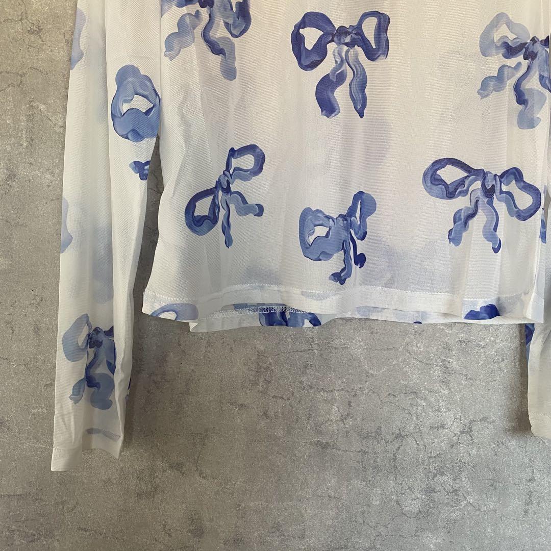 Blue ribbon see-through tops (High neck) – POPPY