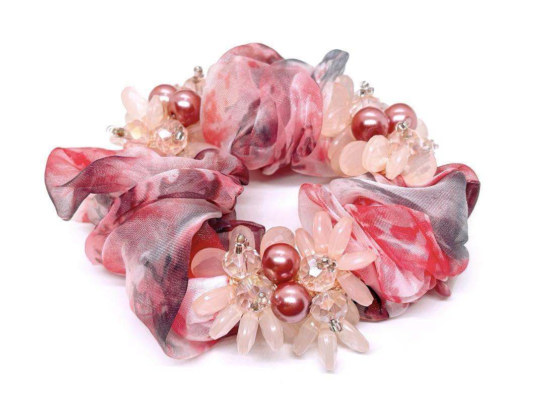 ハンドメイド お花 シュシュ ヘアゴム フラワー ビーズ ピンク389