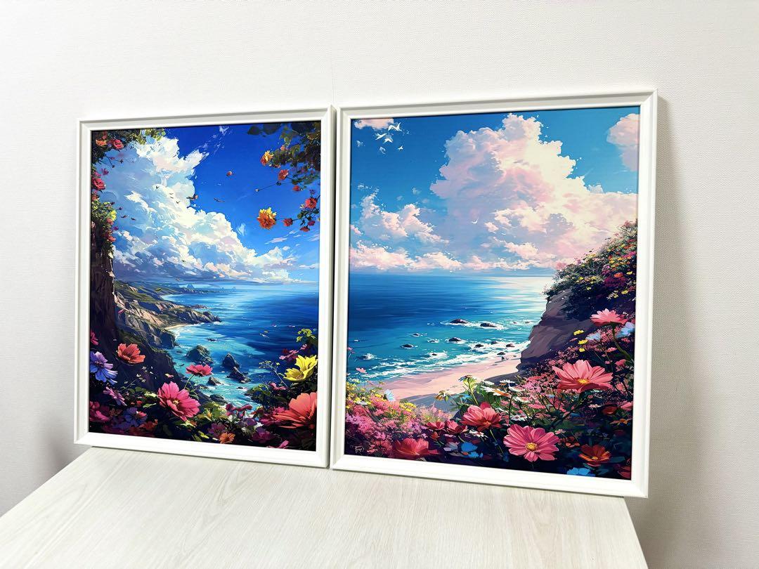 No4フレーム付きインテリア絵画　海の絵　風景画　キャンバスアート　オシャレ絵画