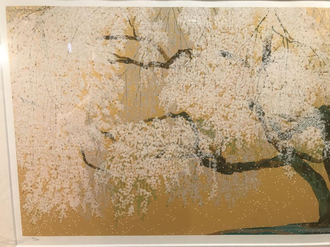 中島千波「醍醐寺三宝院枝垂櫻吹雪」シルクスクリーン　直筆サイン・作品証明シール有