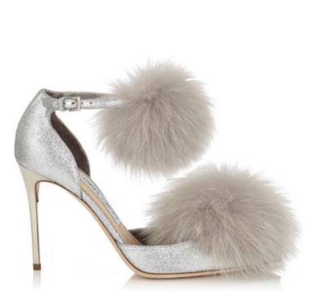 Jimmy Choo シルバー ファー付き　グリッター　パンプス
