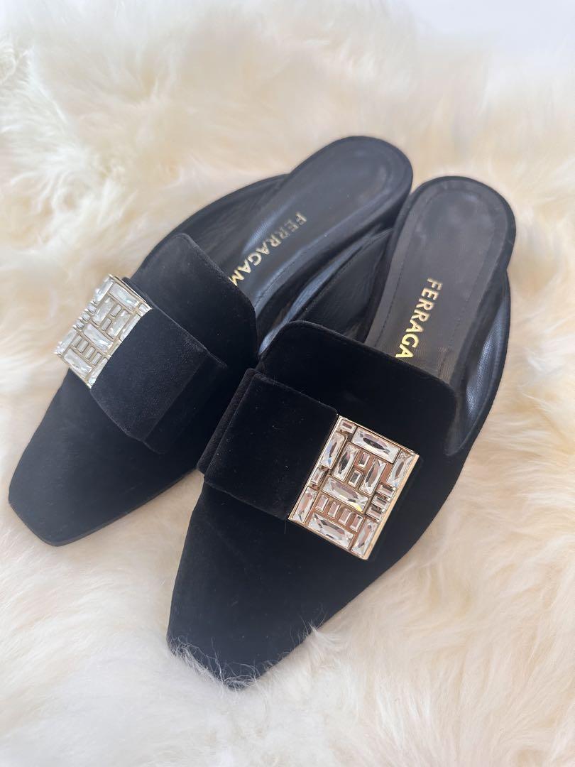 Ferragamo フェラガモ 黒 ベルベット ミュール 6