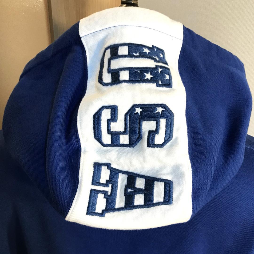メンズ【美品 アヴィレックス】2XL 青 刺繍 ワッペン パーカー 星条旗 ロゴ