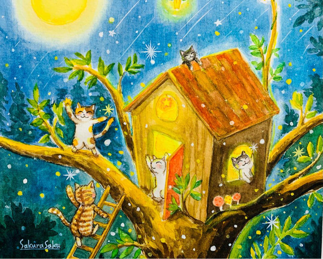 猫たちと夜のツリーハウス】絵画 ,原画,森,星,月,流れ星,光,猫