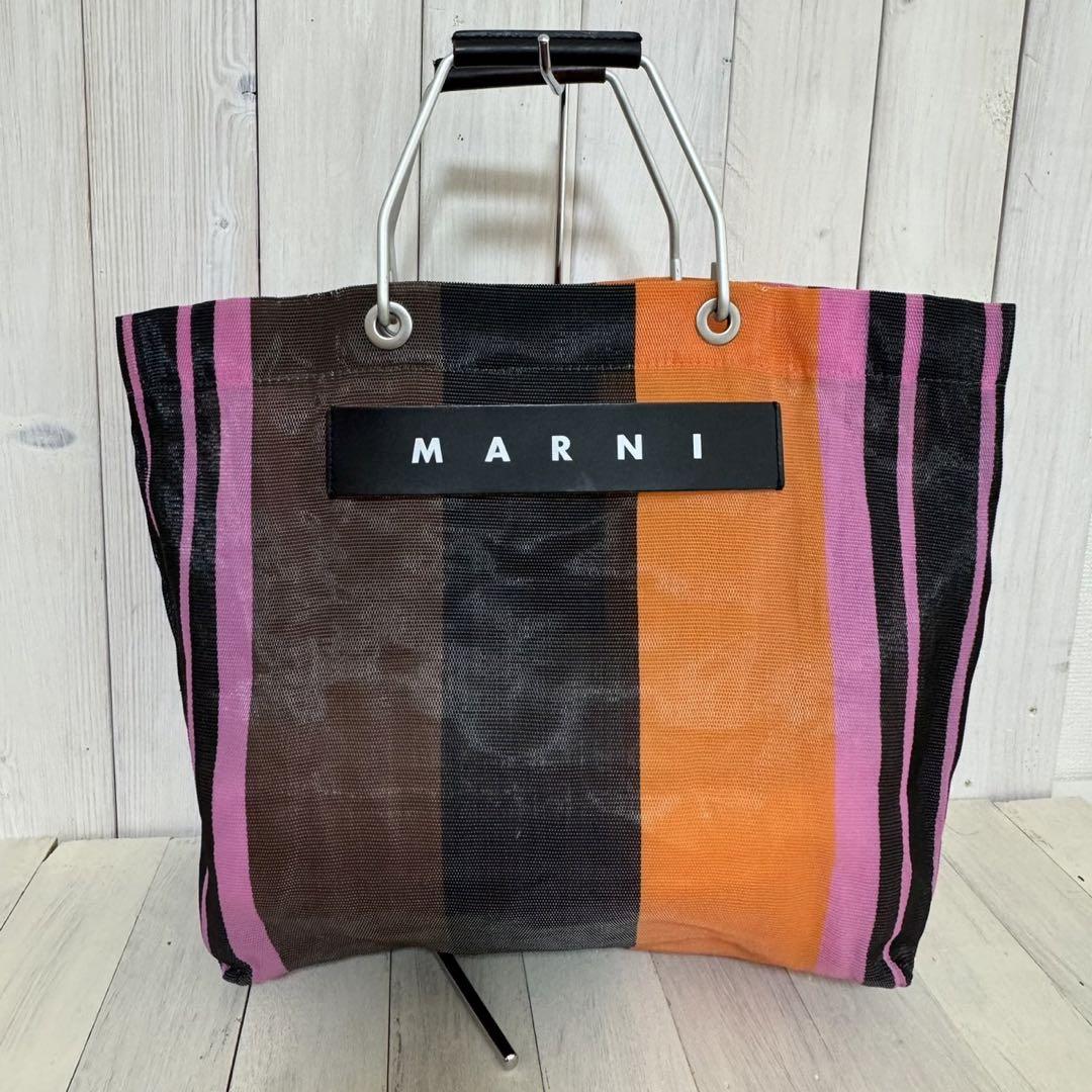 即発 MARNI MARKET ストライプバッグ ロゴ オレンジ メッシュ MARNIマルニマーケットストライプ メッシュトートバッグマルチ